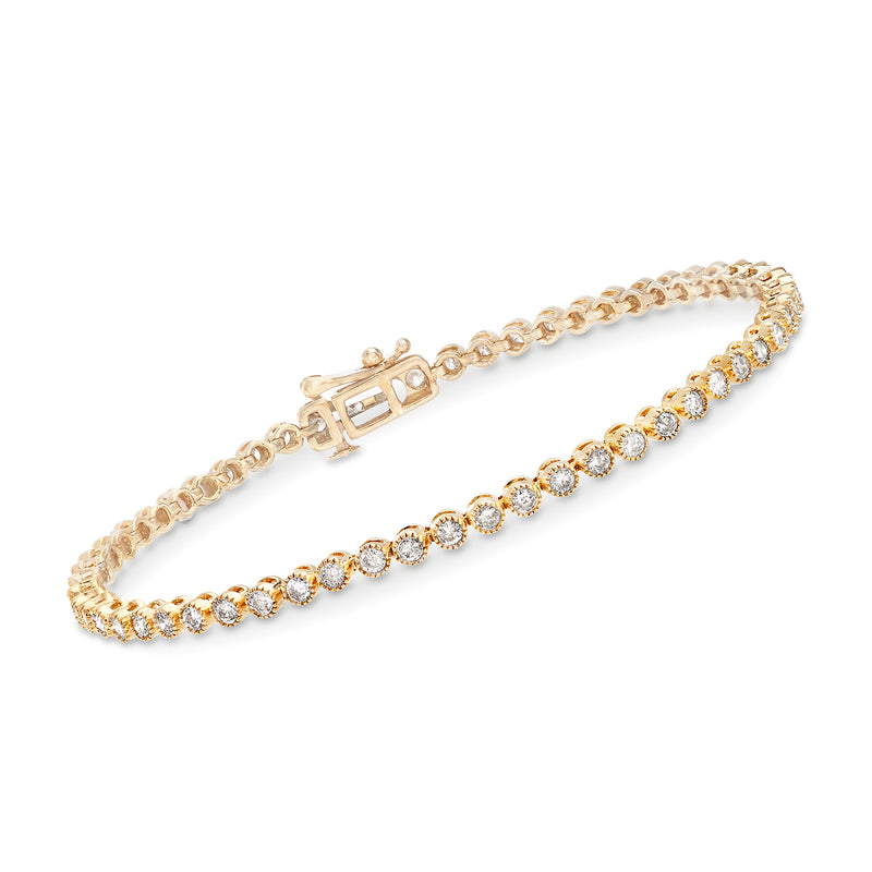 14kt yellow gold diamond tennis bracelet with round stones and clasp