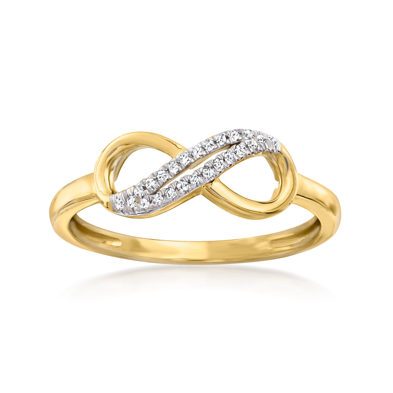 14k yellow gold infinity symbol ring with diamond-set curved bands