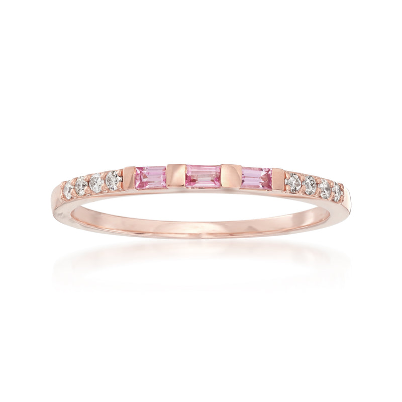 14k rose gold ring with channel-set pink sapphires and diamond accents along the band