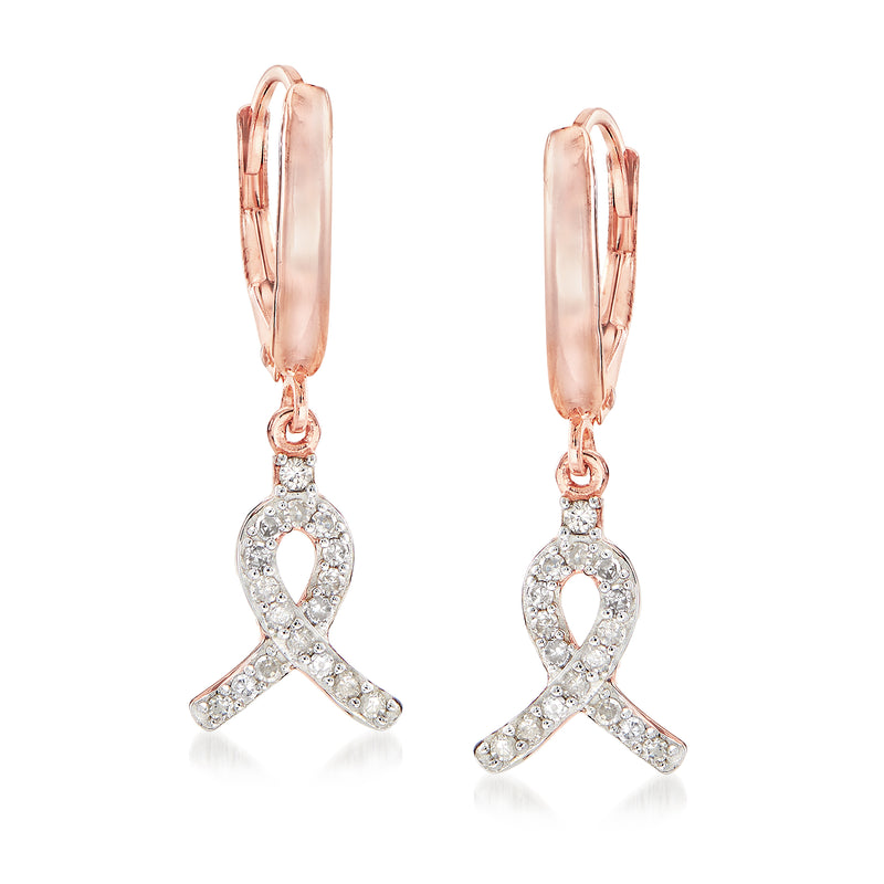 Rose gold ribbon drop earrings with diamond-like pave and leverback closures
