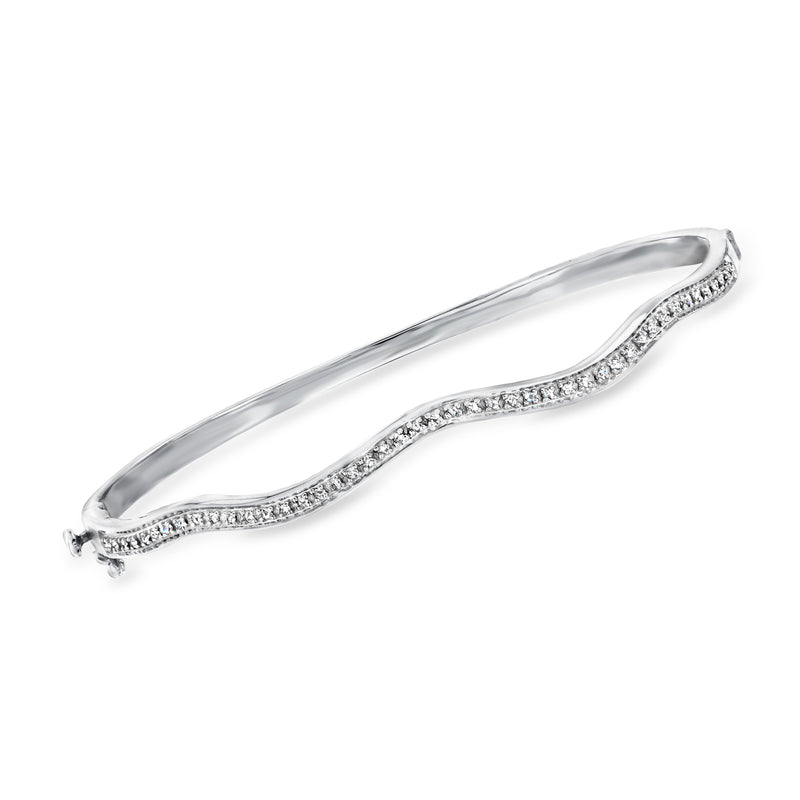 Sterling silver diamond wave bangle bracelet with pavé-set stones