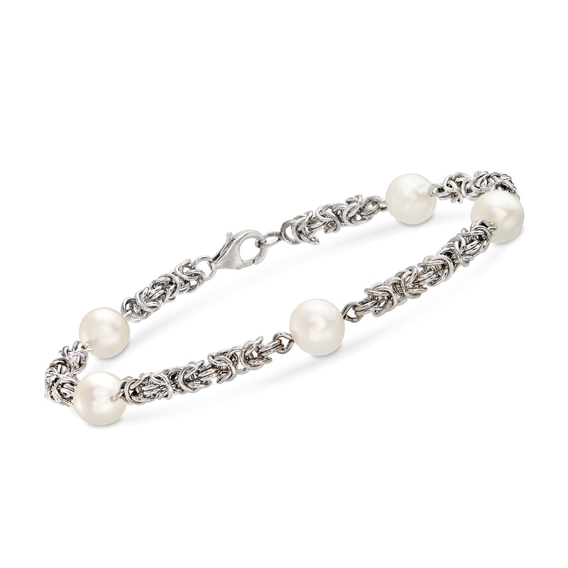 Sterling silver station bracelet with oval cultured pearls and braided chain links