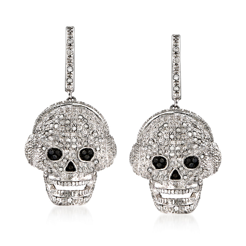 Sterling silver diamond skull drop earrings with black eye accents