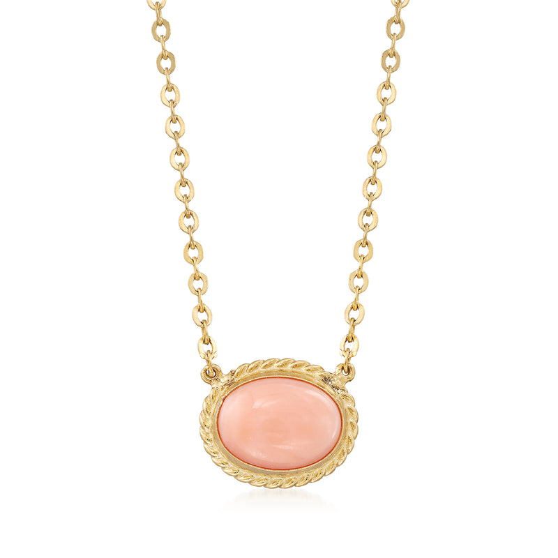 14kt yellow gold coral pendant necklace with oval coral cabochon and link chain