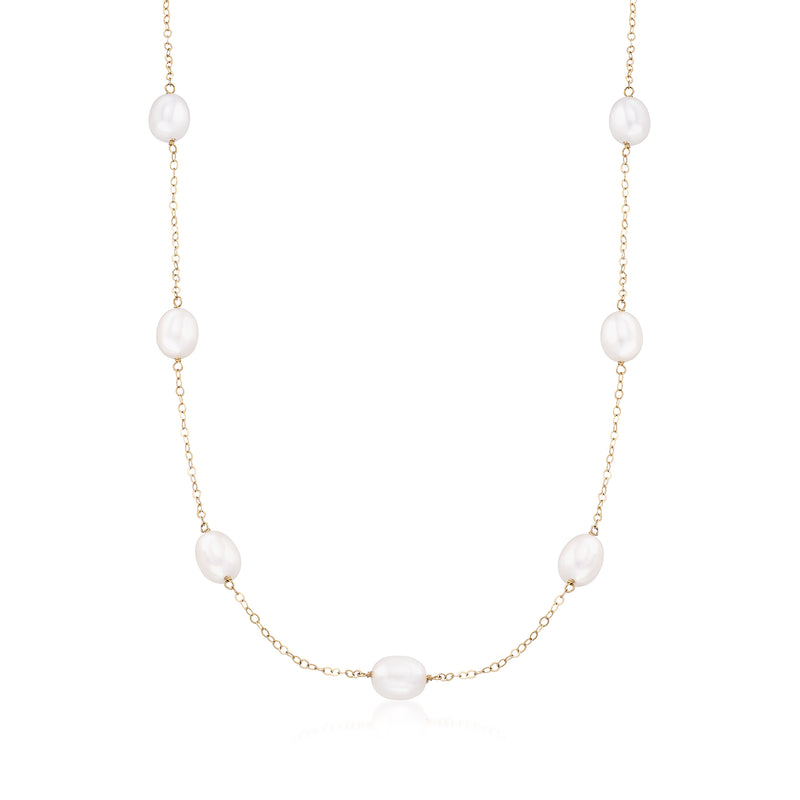 14kt yellow gold station necklace with round white cultured pearls