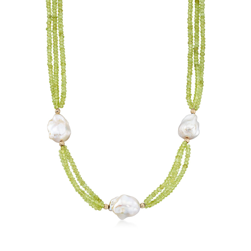 Three-strand peridot bead necklace with baroque white cultured pearls