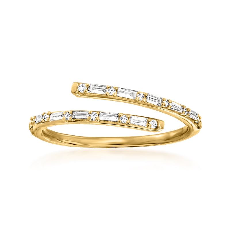 14kt yellow gold bypass ring with baguette-cut diamond accents on the top band