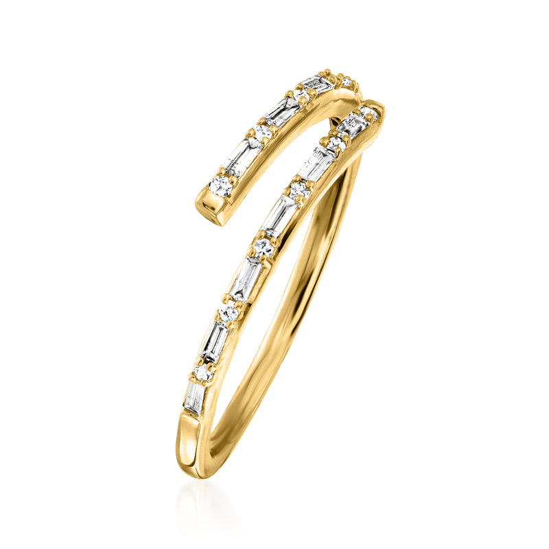 14kt yellow gold bypass ring with baguette-cut diamonds along the curved band