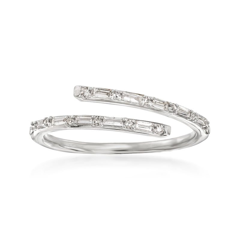 14kt white gold diamond bypass ring with baguette-cut stones, split shank