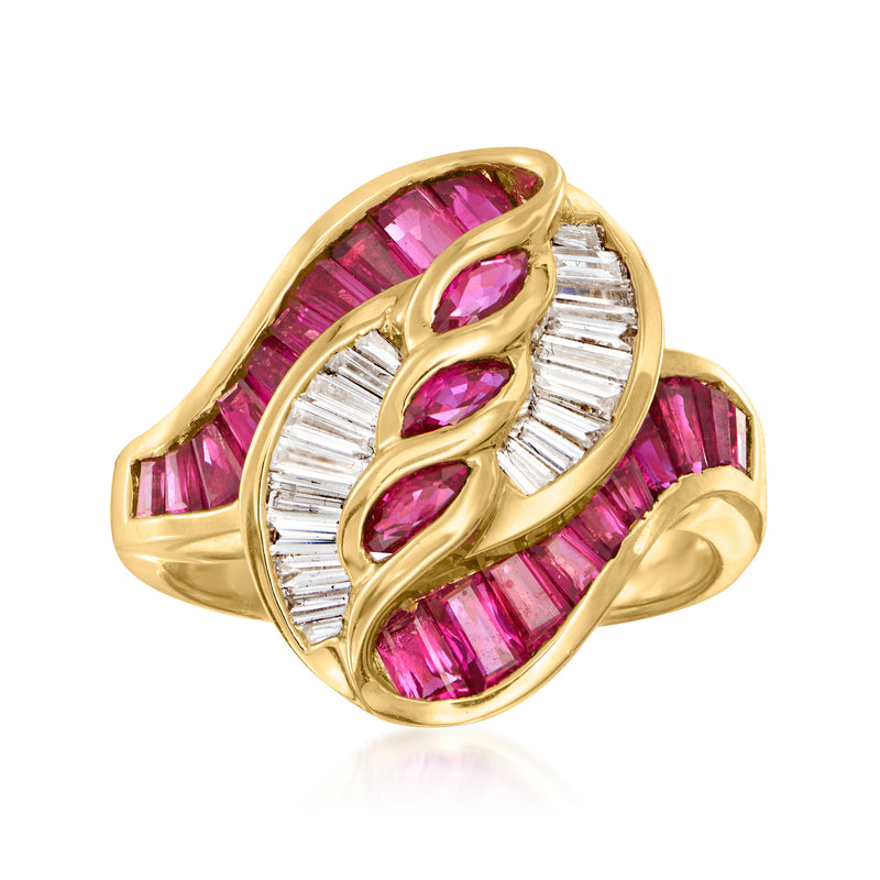 18k yellow gold vintage swirl ring with pink rubies and baguette diamonds