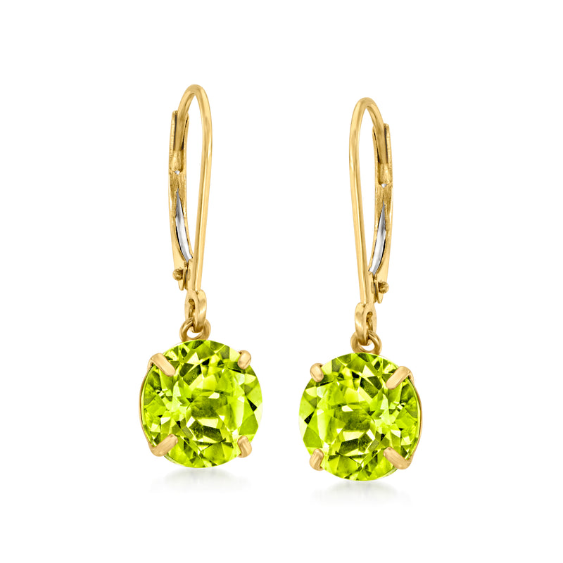 Peridot drop earrings, 14kt yellow gold, round green stones, leverback