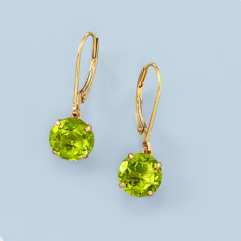 Peridot drop earrings, 14kt yellow gold, round green stones on leverbacks