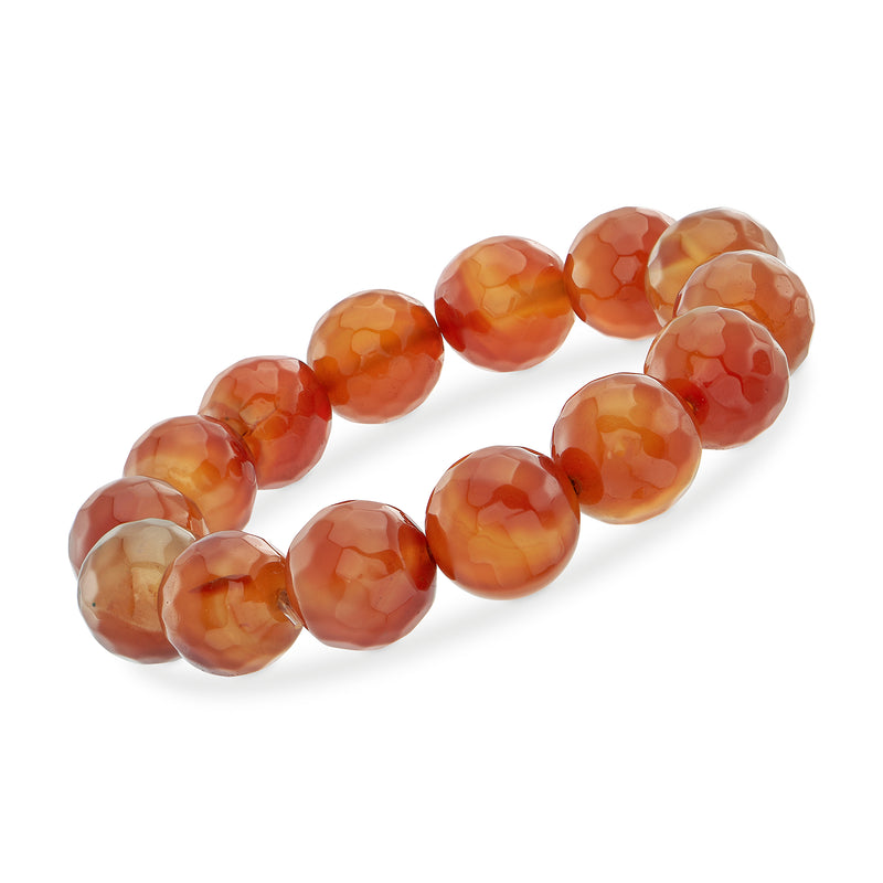 Orange agate bead stretch bracelet with round faceted beads on elastic cord