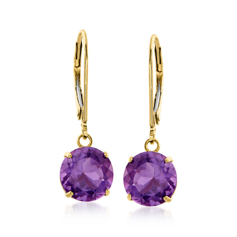 Amethyst drop earrings in 14kt yellow gold with round purple stones, leverback.