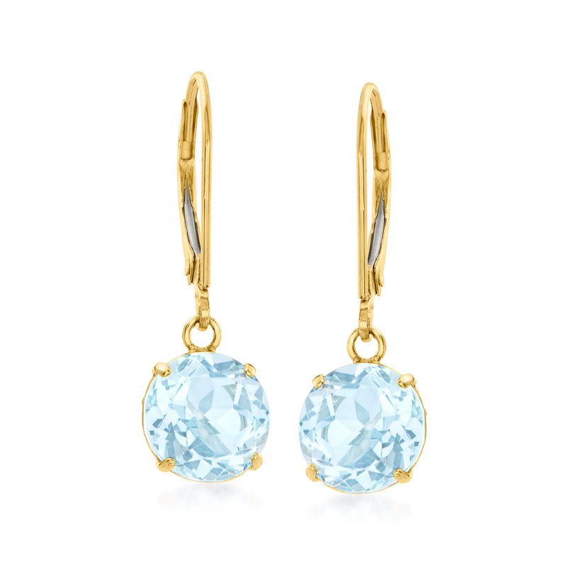 14kt yellow gold leverback drop earrings with sky blue topaz round stones