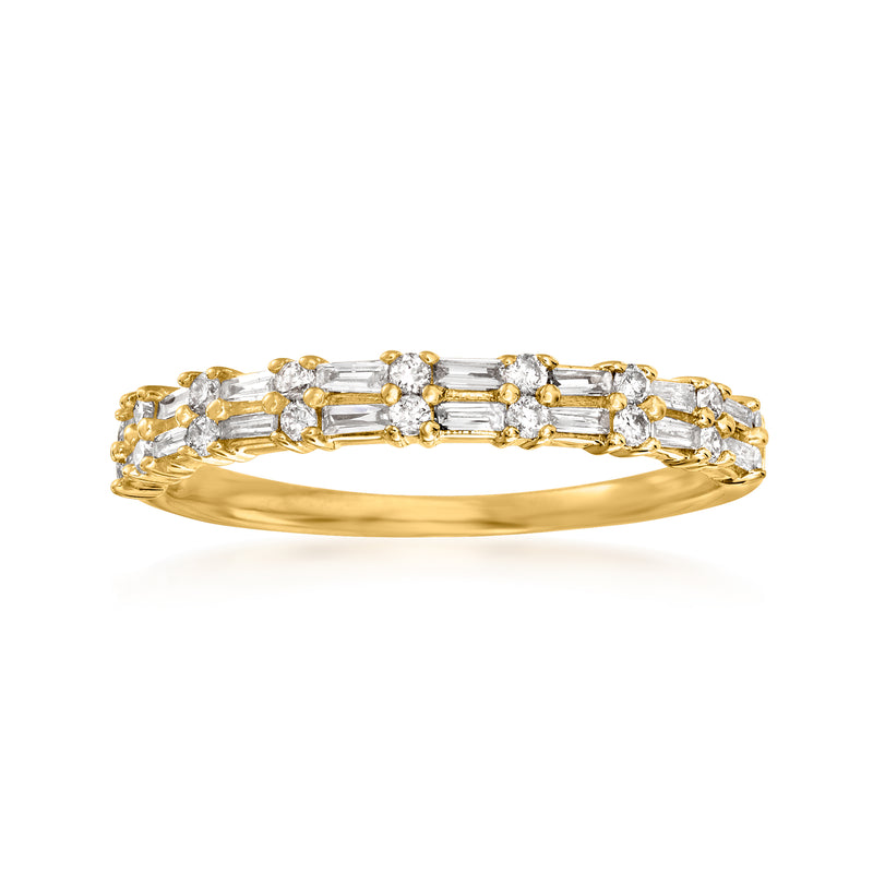 14kt yellow gold baguette and round diamond ring, channel-set on band