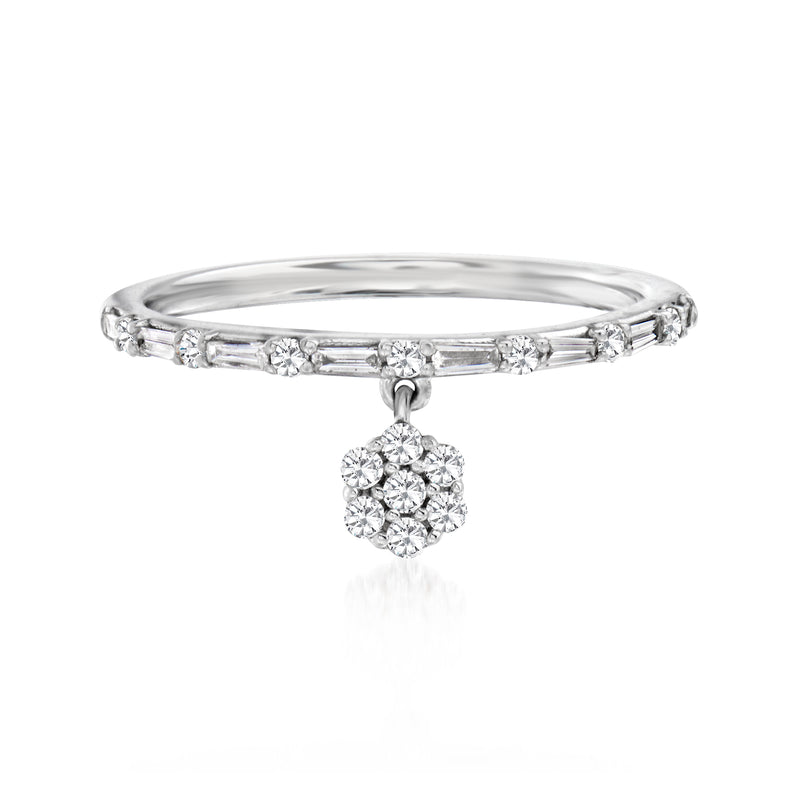 14kt white gold diamond flower charm ring with pave band and dangling cluster