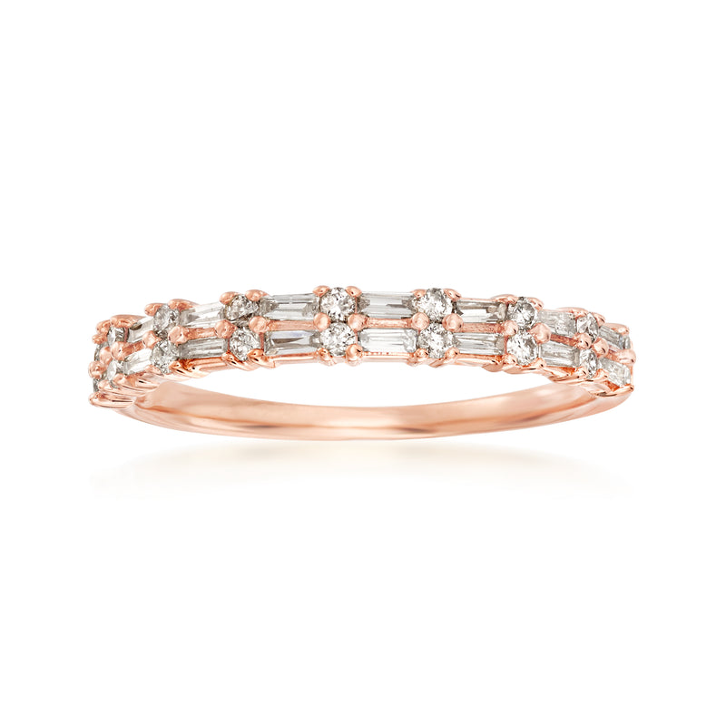 14kt rose gold diamond ring with round and baguette stones across the top