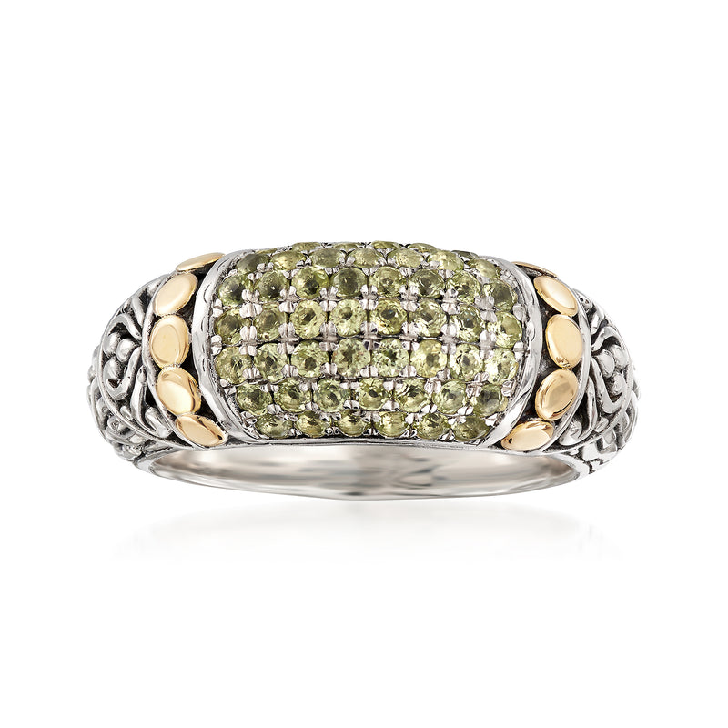 Two-tone sterling silver oval peridot pave ring with gold-accented bezel