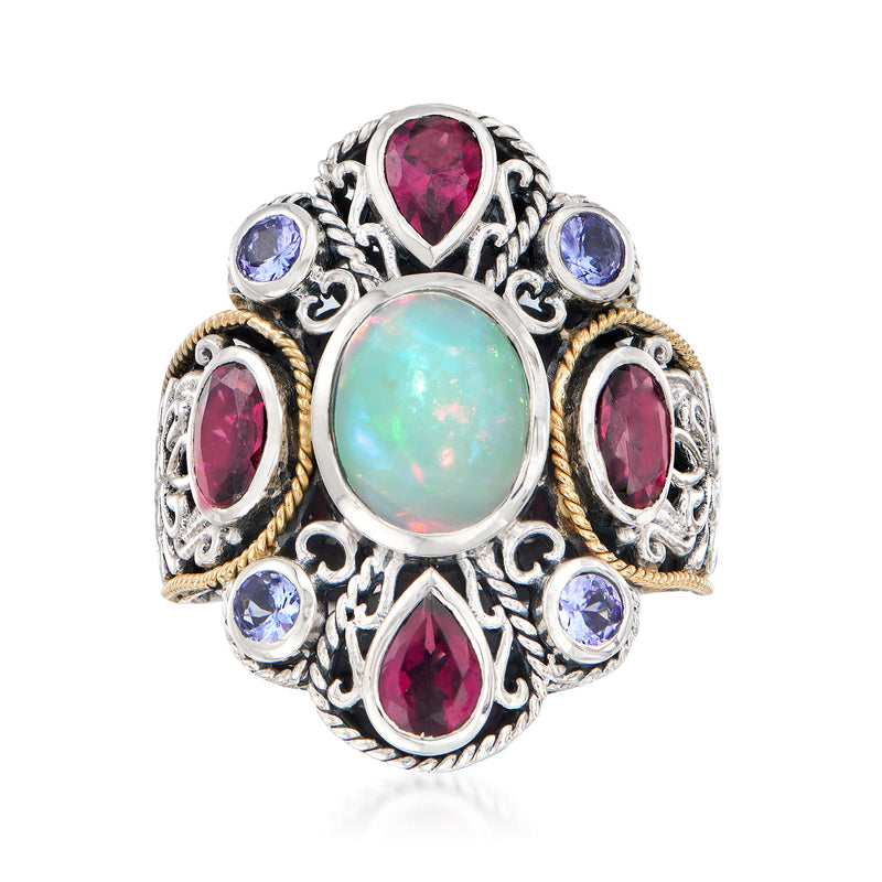 Opal center multi-gem cluster ring, pink and blue stones, silver filigree setting