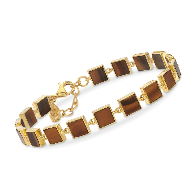 Tiger eye square-link bracelet, gold-tone square links with bezel-set tiger eye stones
