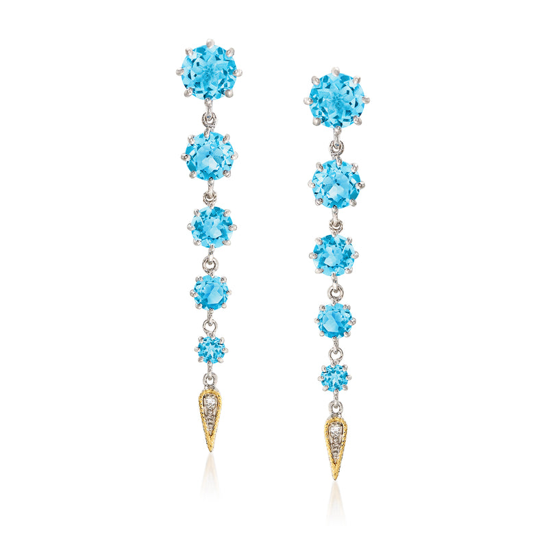 Blue topaz drop earrings with diamond accents in gold and sterling silver