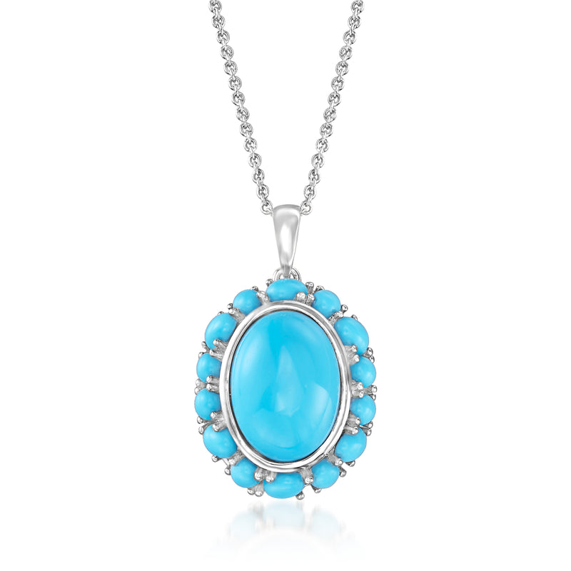 Sterling silver turquoise pendant necklace with oval blue stone and bead frame