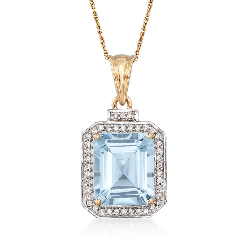 14kt yellow gold pendant necklace with square-cut aquamarine and diamond halo