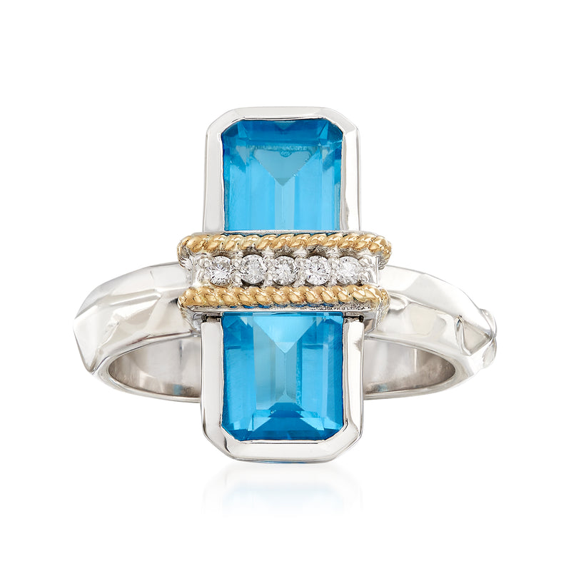18kt gold and sterling silver ring with blue topaz center and diamond band