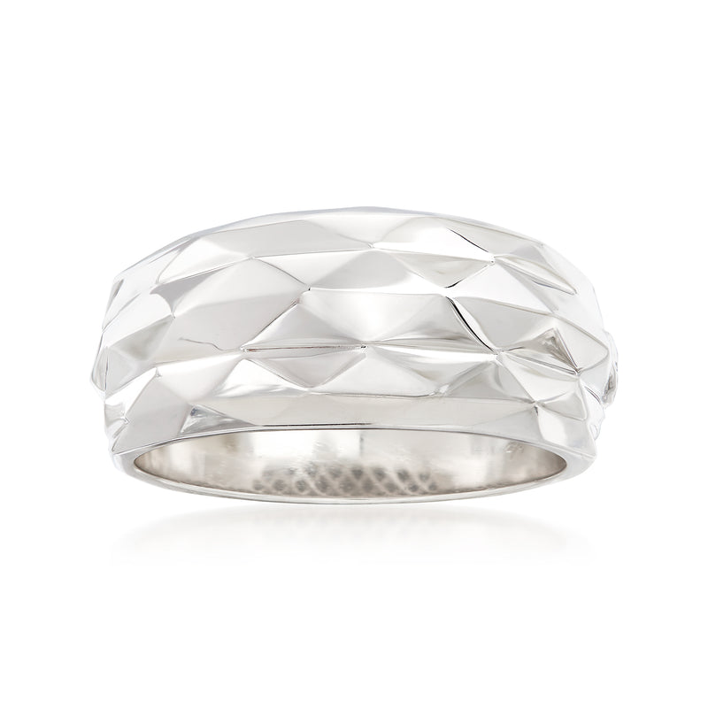 Sterling silver wide ring with faceted geometric ridges and polished reflective finish