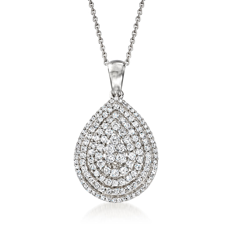 Sterling silver pear-shaped diamond cluster pendant on chain, teardrop halo setting