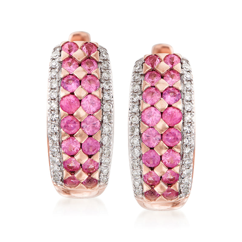 Pink sapphire and diamond huggie hoop earrings in 14kt rose gold