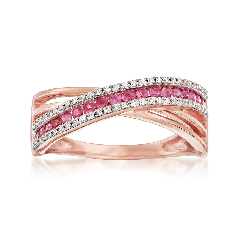 Crisscross ring in rose gold with pink sapphires and a diamond halo band