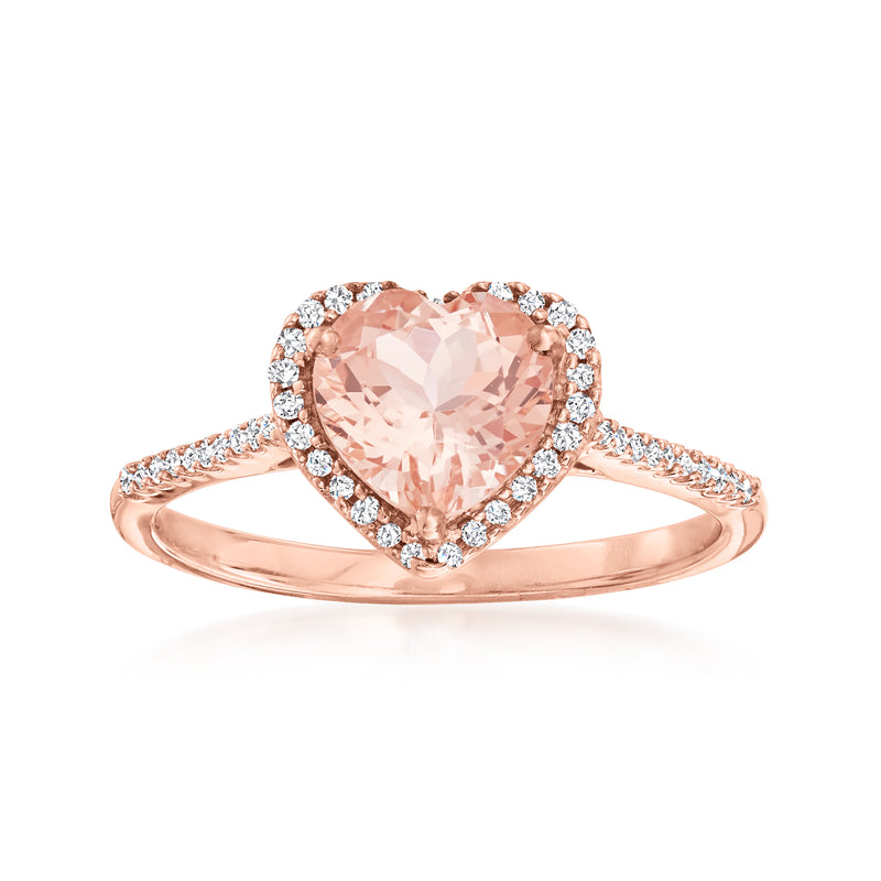 14kt rose gold heart ring with pink morganite center and diamond halo, prong set