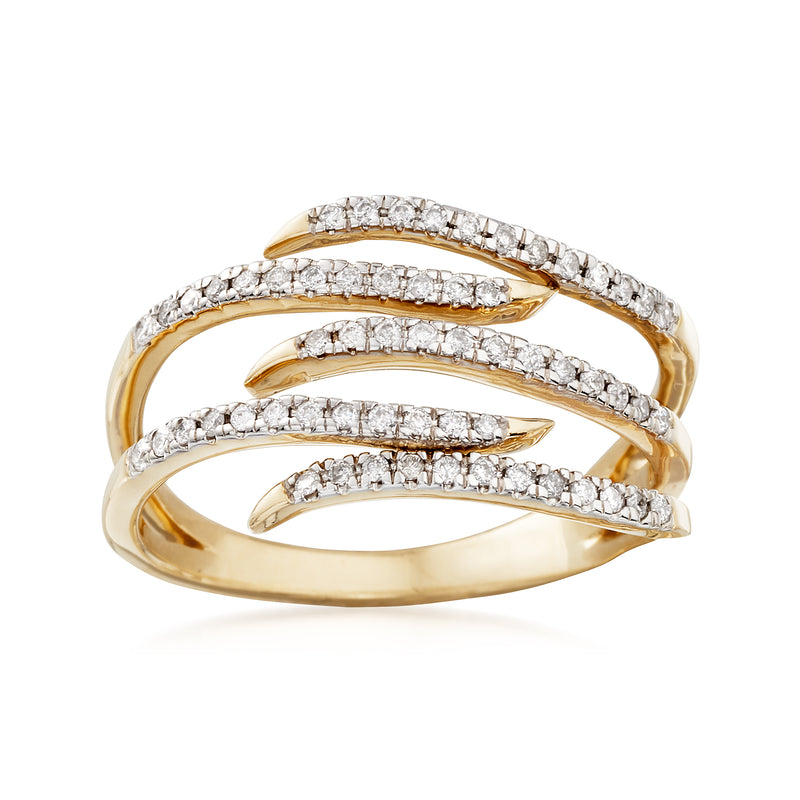 14kt yellow gold diamond bypass ring with layered curved bands