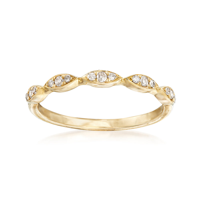 14kt yellow gold diamond stackable ring with small round stones in a wave row