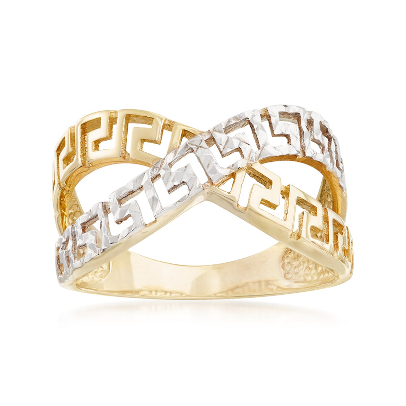 14kt yellow gold crisscross Greek key ring with white rhodium accents