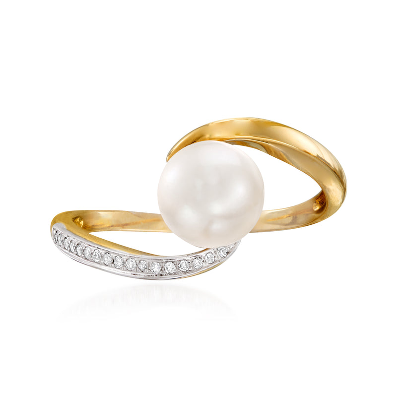 14kt yellow gold bypass ring with 7mm cultured pearl and diamond accents