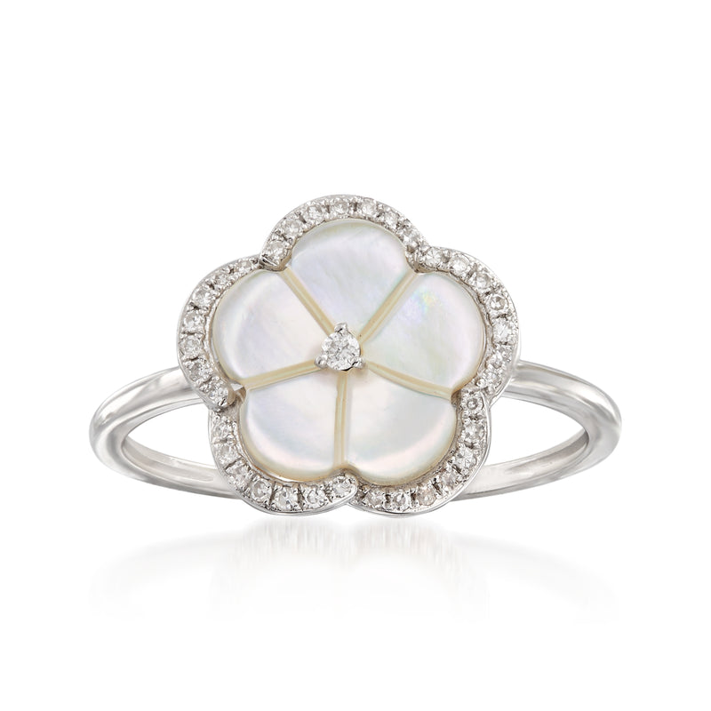Mother-of-pearl floral ring with diamond accents in 14kt white gold