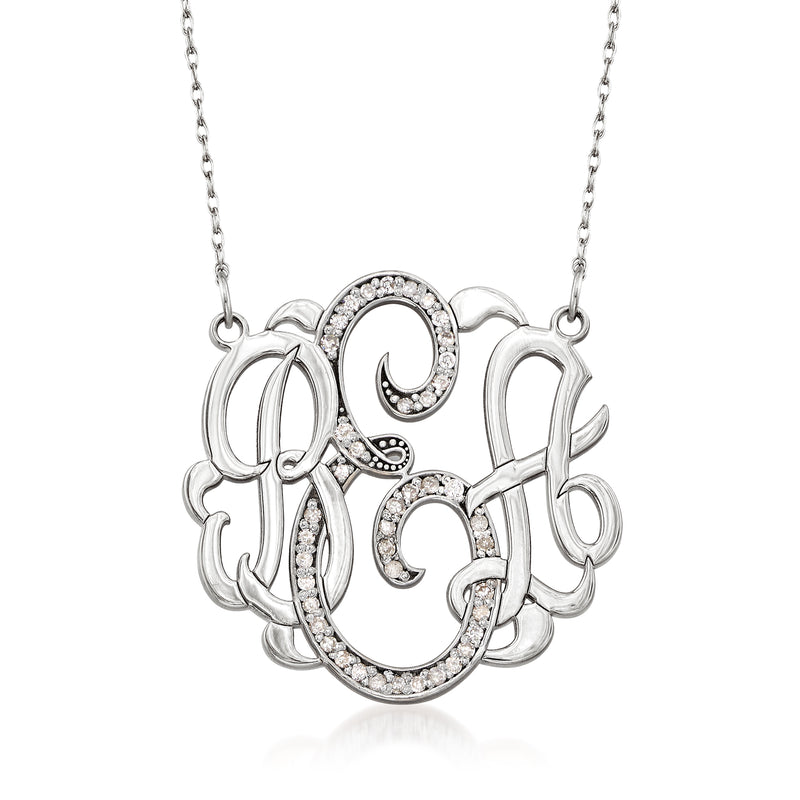 Diamond monogram necklace in 14kt white gold with ornate script pendant