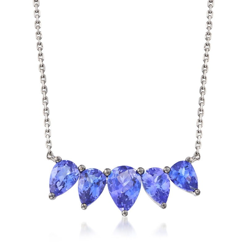 Tanzanite and white gold necklace with five pear-shaped blue gemstones on a chain