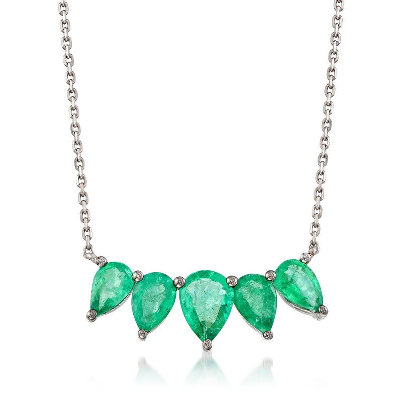 18kt white gold necklace with five pear-shaped emerald-green stones and oval links