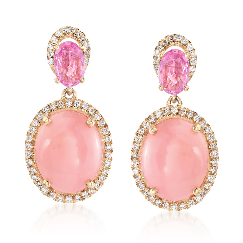 Pink sapphire oval drop earrings in 14kt yellow gold with diamond halo.