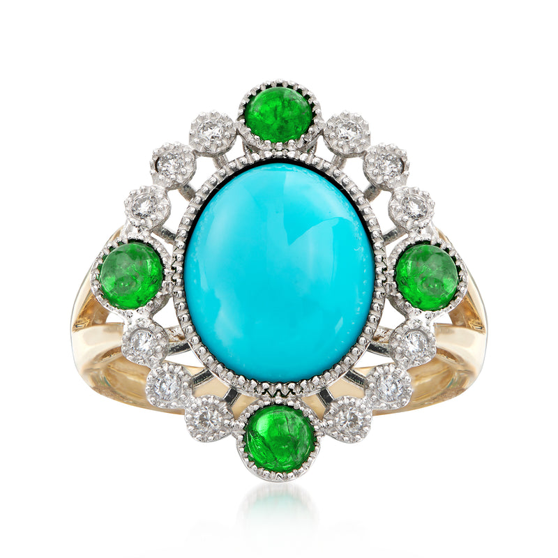 Two-tone gold ring with turquoise oval center, green stones and clear round accents