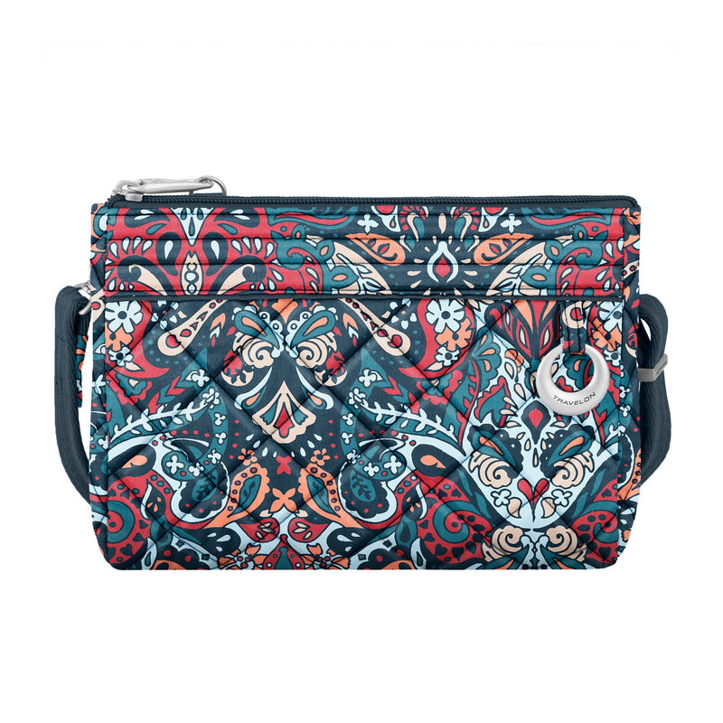 Paisley convertible crossbody clutch with teal red white woven-look pattern and adjustable strap