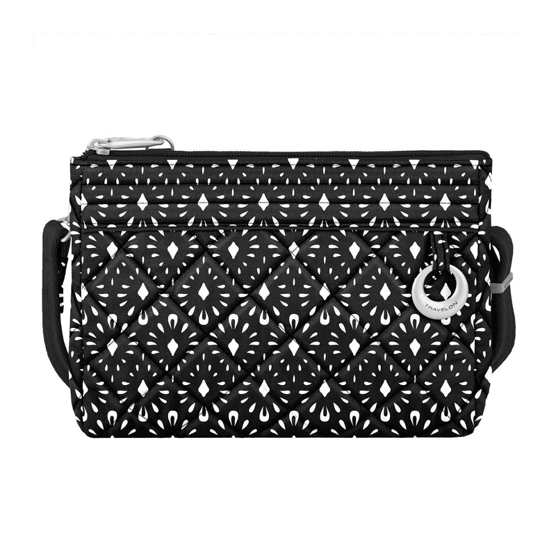Travelon black and white geometric shell crossbody clutch with zip closure and adjustable strap