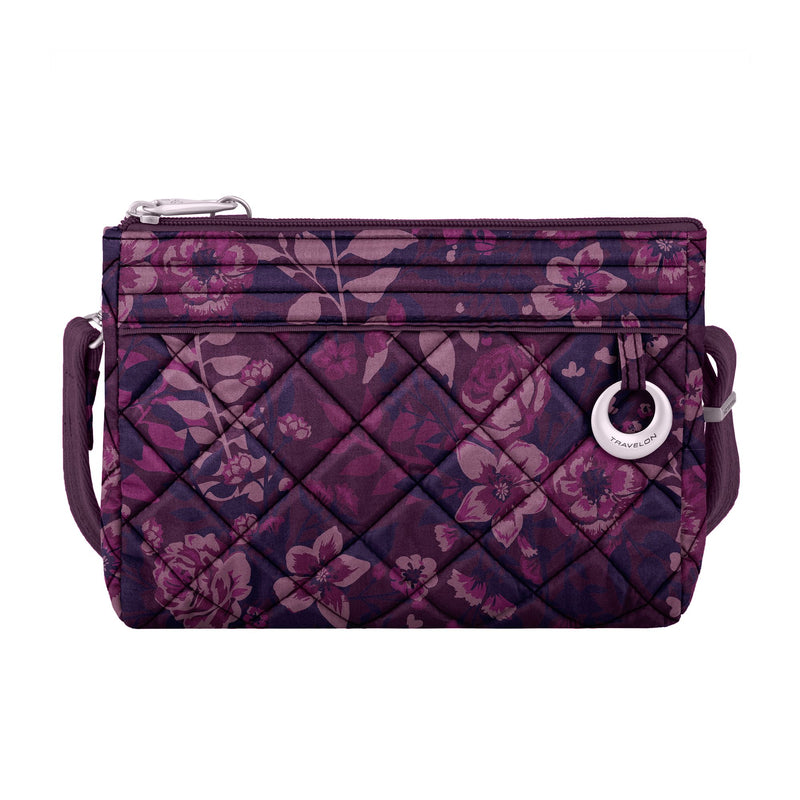 Quilted floral convertible crossbody clutch in wine rose with zipper and shoulder strap