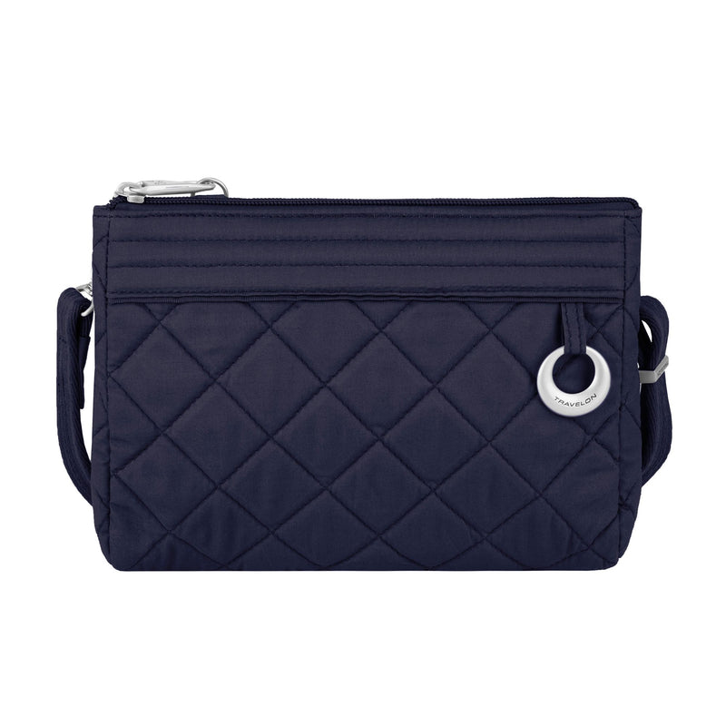 Travelon navy quilted convertible crossbody clutch with side strap and zip top