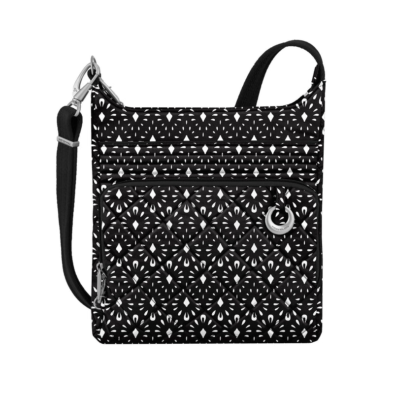 Black geometric patterned shell crossbody bag with zip front and adjustable strap