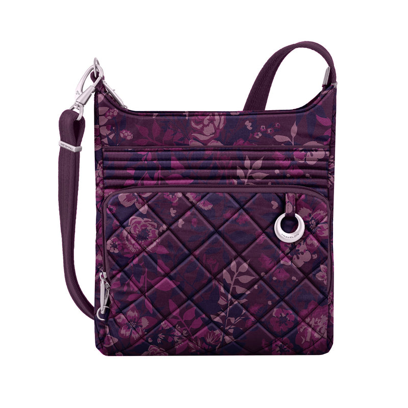 Anti-theft crossbody bag with wine-rose boho floral print, zip front pockets and strap